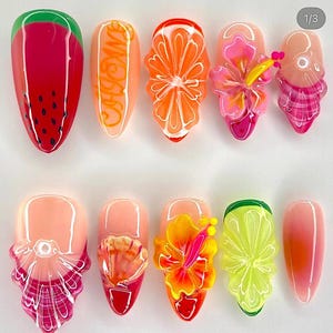 Tropical Fruit & Floral Nails, Press On Nails, Vibrant Summer Nails, Vacation Nails, Nail Art, Nail Polish, Shell 3D Gel Nails F1354