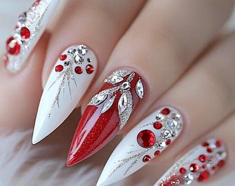 Red Rhinestone Christmas Press On Nails, Glitter Snow, Holiday Nails F1683