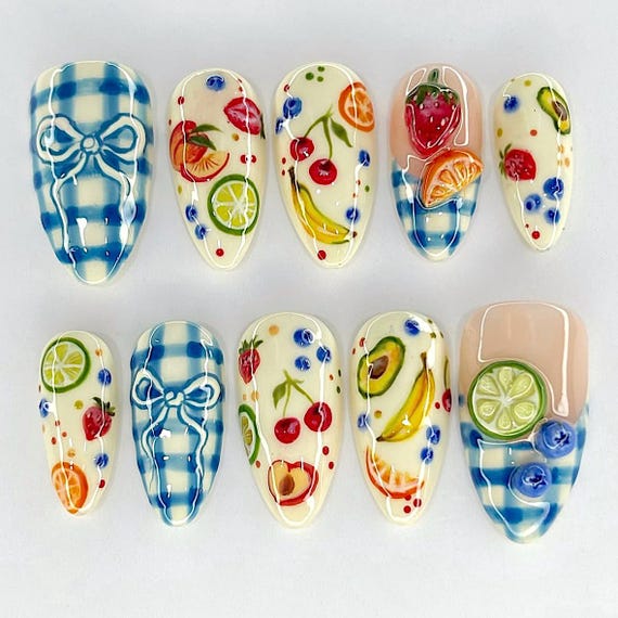 Fruit Picnic Press On Nails, 3D Gel Nail Art, Summer Luxury Nails F1148