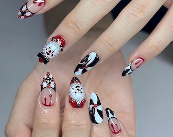 Horror Clown And Blood Drip Nails, Press On Nails, Gothic 3D Nails, Halloween Creepy Nails, Spooky Long Nails, Dark Circus Nails F1656