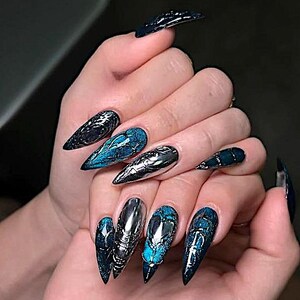 Blue Cat Eye Press On Nails, Silver Mirror 3D Gel, Unique Design F989