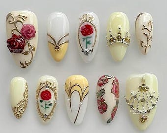 Rose Gold Accent Press-On Nails – Hand-Painted Vintage Elegant Pearl Nails F1106