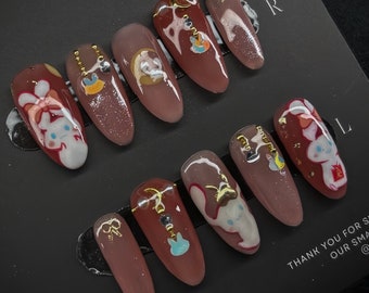 Mid-Autumn Almond Press On Nails, Handpainted Rabbit Design F807