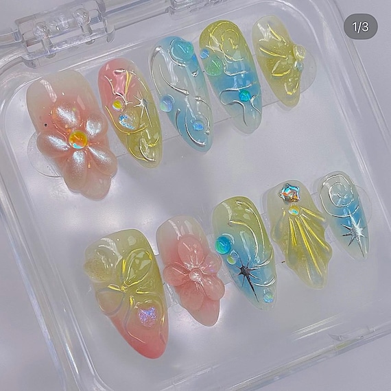 Aurora Flower And Fairy Light Nails, Press On Nails, Glossy Fantasy Nails, Fake Nails, Nail Art, Nail Polish, Shell 3D Gel Nails F1224