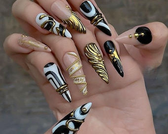 Press-On Nail Set: Black White Gold Abstract (Reusable, 10pcs) F1845