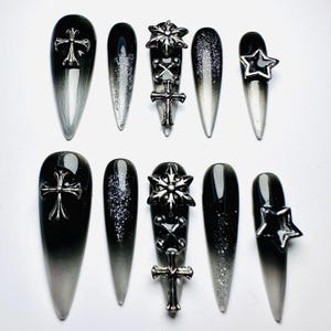 Black Ombre Chrome Nails | Free Style Gothic Almond Press On Nails, Handmade Fake Nails Nails, Unique Nails - F260