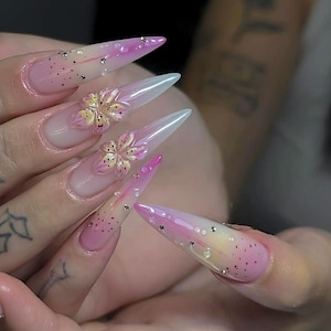 Pink Blossom And Ombre Stiletto Nails, Press On Nails, Floral Fantasy Nails, Fake Nails, Nail Art, Nail Polish, Blooming 3D Gel Nails F1201