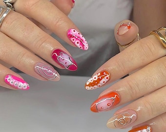 Colorful Swirl Press On Nails, Retro 3D Gel Nail Art, Handmade F1526
