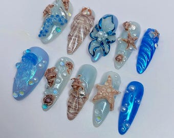 Ocean Pearl Seashell Press On Nails, 3D Mermaidcore Nail Art F1287