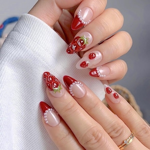 Strawberry French And Jelly Nails, Press On Nails, Summer Fruit Nails, Nail Polish, Shell 3D Gel Nails, Red Pearl Accent Tips F1403