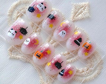Halloween Press On Nails, Ghost, Pumpkin, Cat, Spooky Nail Art F1499