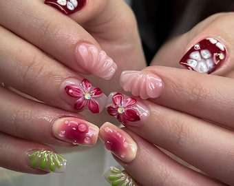 Orchid Acrylic Press On Nails with 3D Design - Elegant Nail Art | Floral Acrylic Press On Nails | Fake Nails | F348