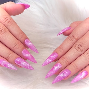 Purple White Marble Acrylic Nails | Almond Press on Nails | Custom Nails | Fake Nails | Jelly Gell | Best Friend Gift
