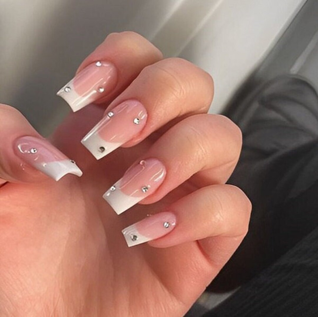 White French Press on Nails Design Luxury Fake Nails Square Press on