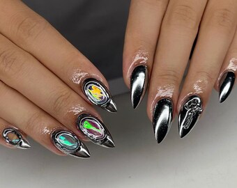 Split Chrome Press On Nails | Handmade False Nails, Unique Style F538