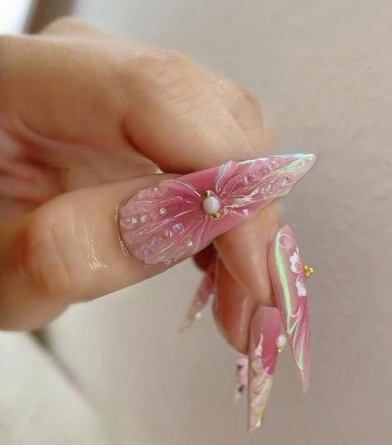 Pink Orchid Nails, Christmas Gift, Press On Nails, Floral Nails, 3D Gel Nails, Feral Nails, Mermaid Nails, Holiday Gift F927