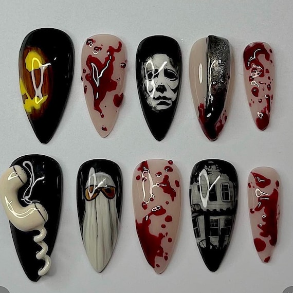 Horror Movie Press On Nails: Ghost Face 3D Gel Nail Art F1469