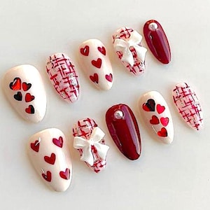 Heart Press On Nails, Bow Charm, Valentine's Day, Almond, Handmade F997