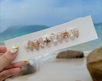 Pearl Seashell Starfish Press On Nails, 3D Gel Nail Art F1278