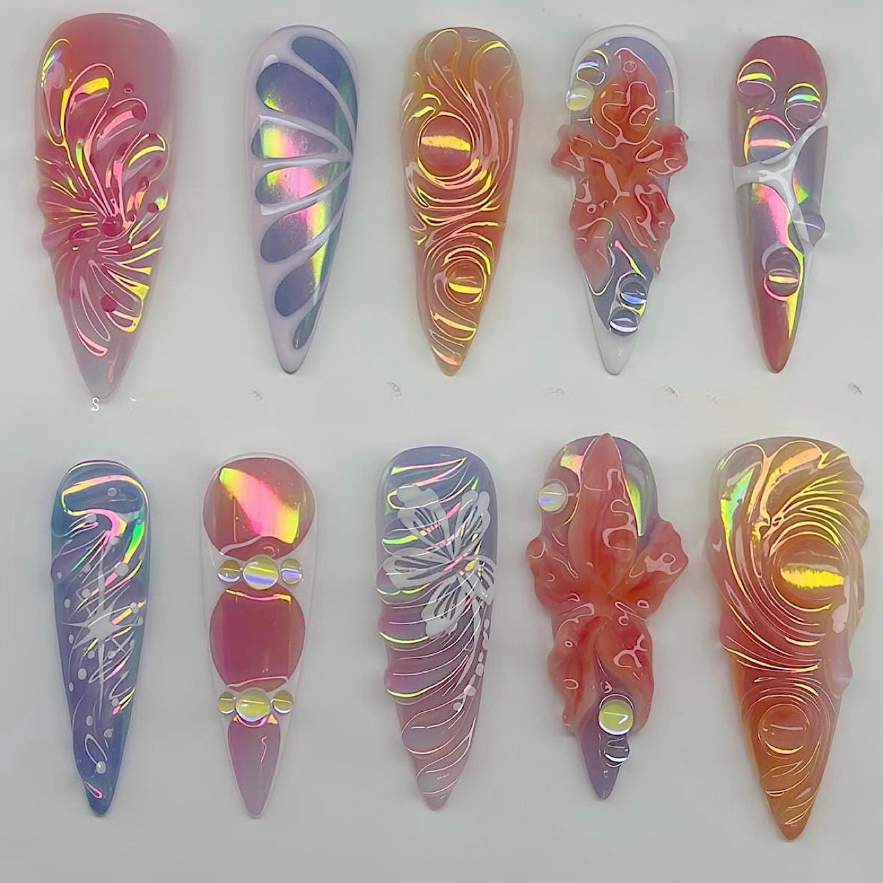 Holographic Iridescent Press On Nails With 3D Sculpted Shell Art, Luxury Mirror Chrome Fake Nails, Abstract Nail Design Set F1151
