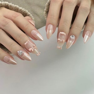 Coquette Bow Pink Nails | Free Style Press On Nails, Handmade Fake Nails Nails, Unique Nails | Custom Press On Nails - F258