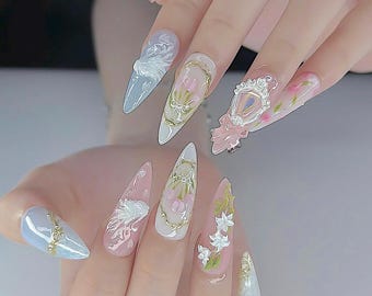 Pastel Floral Press On Nails, Baroque 3D Sculpture, Gold Accent F1655