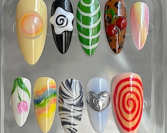 Colorful Mix and Match Press On Nails, 3D Gel, Retro Swirl F1504