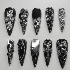 Gothic Black Chrome Press On Nails With 3D Shell Gel, Cross Art & Chain Accents – Edgy Luxury Fake Nails For Bold Style F1153