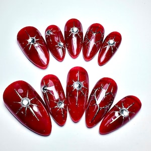 Red And Metal Nails Acrylic Nails | Red Press on Nails Gel | Custom Nails | Fake Nails | Cute Fun Colorful | Best Friend Gift - F62