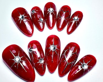 Red And Metal Nails Acrylic Nails | Red Press on Nails Gel | Custom Nails | Fake Nails | Cute Fun Colorful | Best Friend Gift - F62
