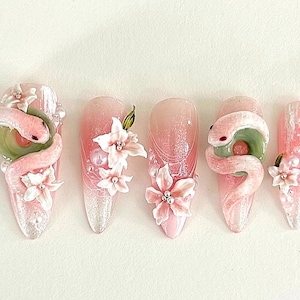 Serpent Blooms 3D Gel Press On Nails, Floral Snake Handmade Nails F990