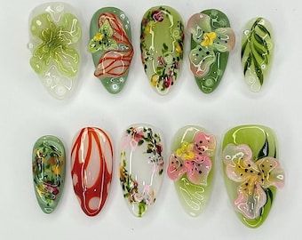 Tropical Bloom Press On Nails, 3D Floral Garden, Luxury Nail Art F1160