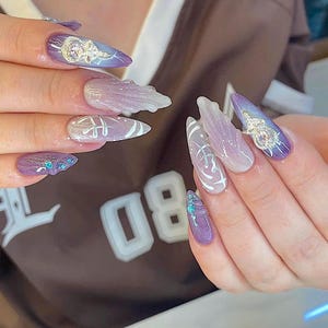 Purple Chrome Press On Nails, 3D Galaxy Stiletto, Aurora Glitter, Cosmic Nails F1623