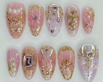 Pink Royal Baroque Press On Nails, Gold Gem Luxury Nail Art F1596