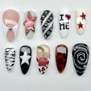 Star And Cherry Nails, Press On Nails, Zebra Print Nails, Tortoise Shell Nails, Metallic Stud Nails, Summer Nails F1521