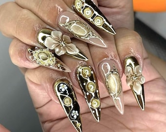 Gold 3D Flower Press On Nails, Vintage Jewel Frame Nail Art F1510