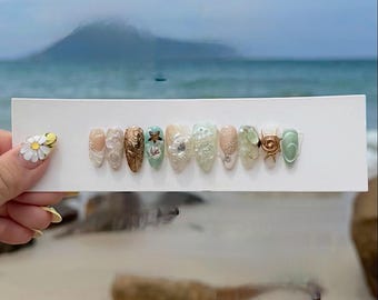 Seafoam Green Press On Nails, 3D Shell Nail Art, Handmade Fake Nails F1279