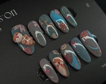Otter swimming in the lake, Otter 3d Gel Nails, Lotus Nails, Golden Fish Nails, Artis Nails, Handpainted Nails F681