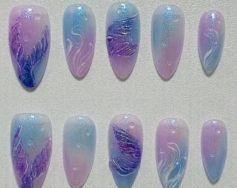 Handmade Little Mermaid Press-On Nails, Galaxy Ombre, Marine Nails F1052