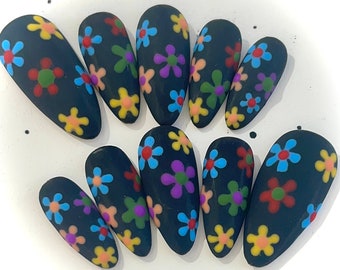 Colorful Flower Press On Nails, Press On Nail, Square Press On Nail, Art Nail Press On, Fake Nail, Glue On Nail N41