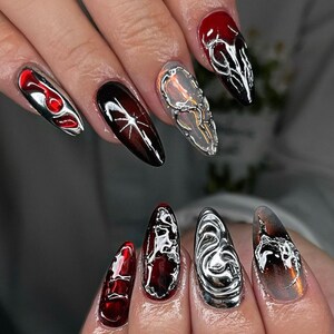 Red And Mirror Shine Design Press On Nails, Handmade 3D False Nails, Edgy Nails for Birthday Party Holiday, Vacation , Gift for Her F688