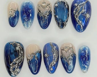 Galaxy Blue Press On Nails, Silver Metallic Starry Night 3D Gel Nail Art F1525
