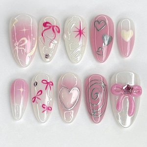 Sweet Heart & Ribbon Fantasy Nails, Press On Nails, Cute Art Nails, Luxury Nails, Fake Nails, Nail Art, Glossy 3D Gel Nails F1147
