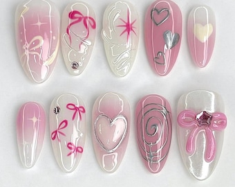 Sweet Heart Ribbon Press On Nails, 3D Gel Art, Luxury Fake Nails F1147