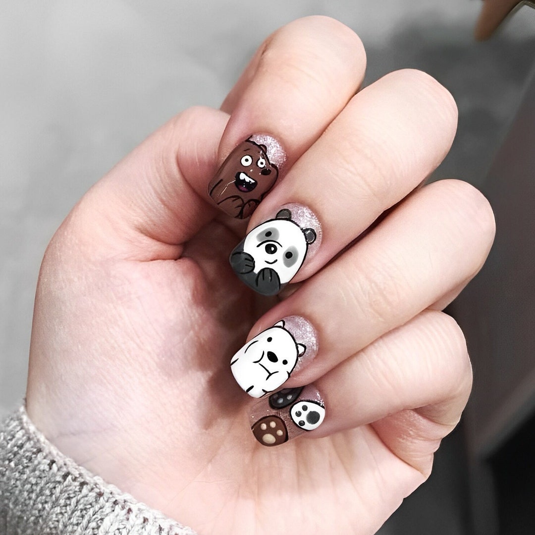 Cute Bears Press on Nails Black and White Fake Nails Almond - Etsy