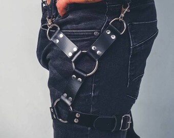 Mister B Leather Leg Harness Black/White 602840 Size L/XL