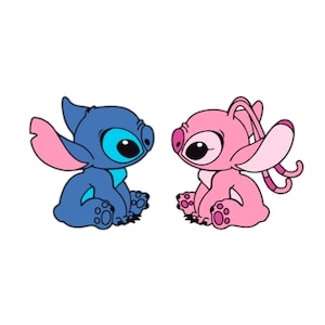May include: A blue Stitch character with pink ears and a pink and blue character with antennas and pink ears. Both characters are looking at each other.
