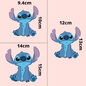 May include: Four different sizes of blue Stitch cartoon character iron-on patches. The patches are 9.4 cm by 10 cm, 12 cm by 13 cm, 14 cm by 15 cm.