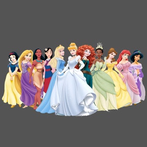 May include: A group of ten Disney princesses in their iconic dresses. The princesses are standing in a line, with Snow White on the left and Pocahontas on the right. The princesses are all smiling and looking at the viewer.
