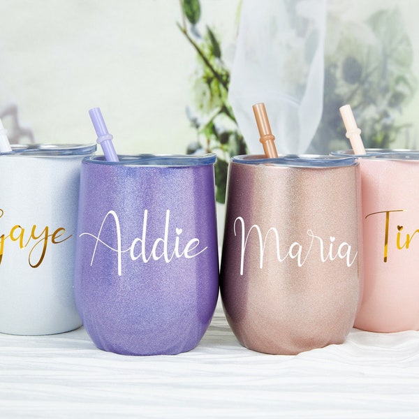 Personalised Glitter Wine Tumbler with Lid Stainless Wine Glasses for Bridesmaid Wine Tumbler with Name Wine Cup Bachelorette Party Tumbler
